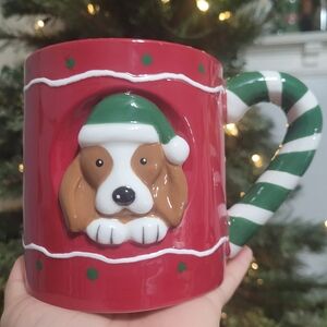 Christmas coffee mug with a 3D beagle dog design. Red and green color.
